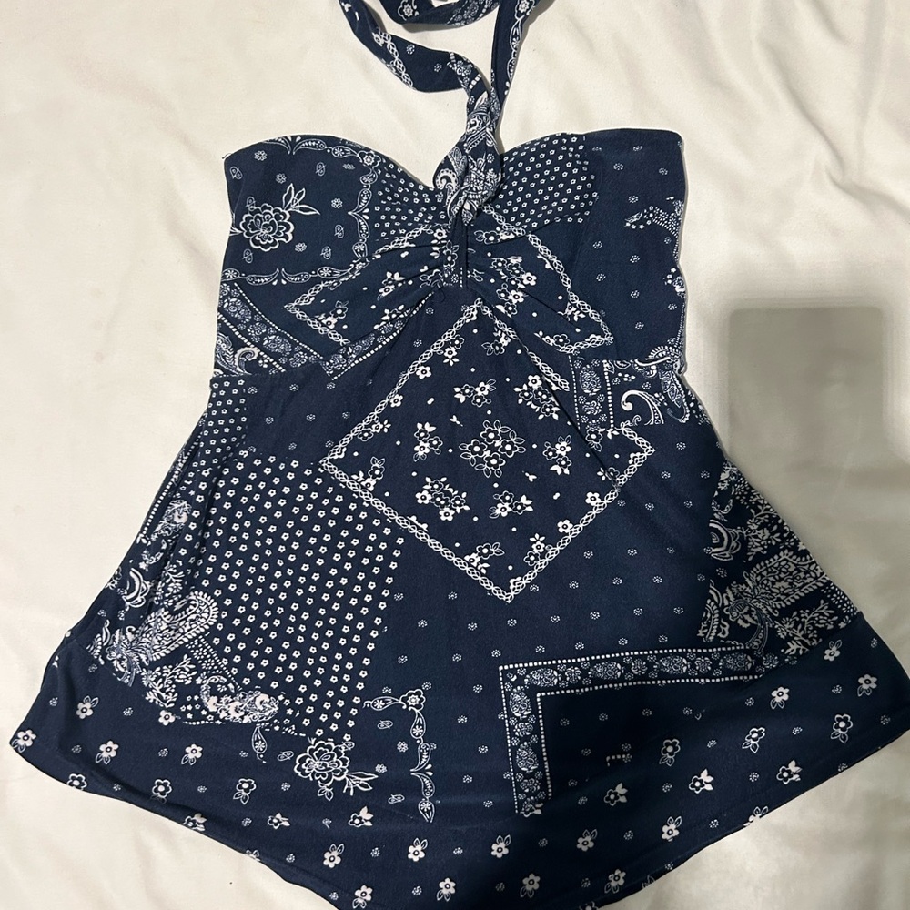 Navy Blue Bandana Print Halter Top